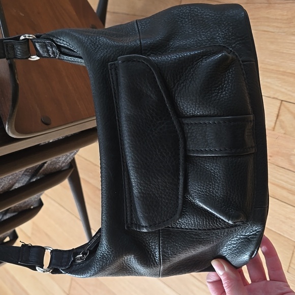 FOSSIL Vintage Black Leather Shoulder Bag Purse Cargo Pocket Solver Hardware - Picture 3 of 11